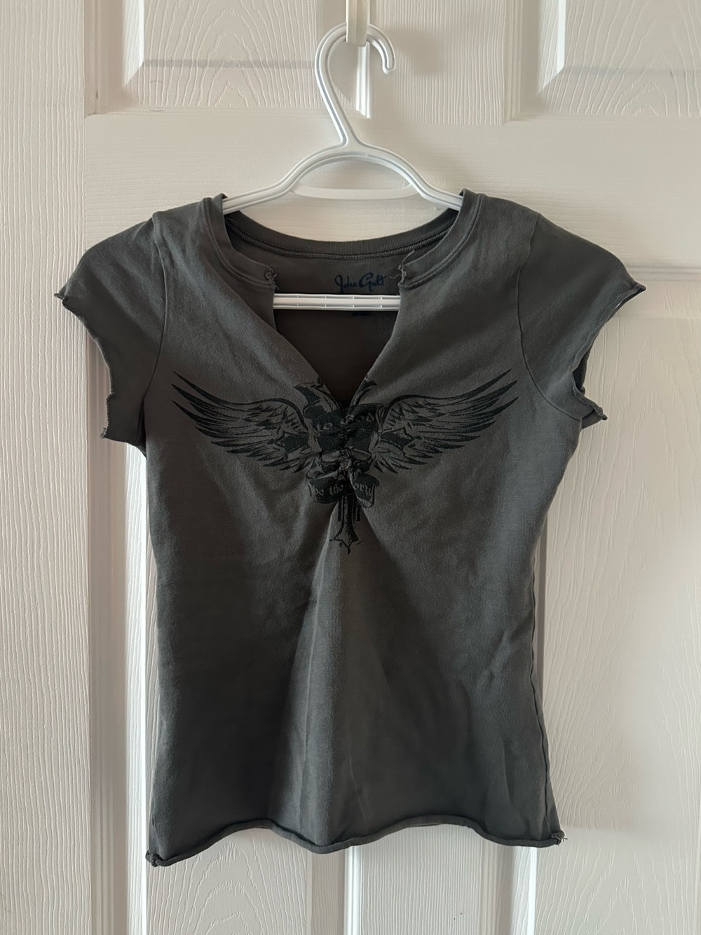 Brandy Melville Vintage-Inspired Gray Lace-Up Wing Graphic Tee - Women